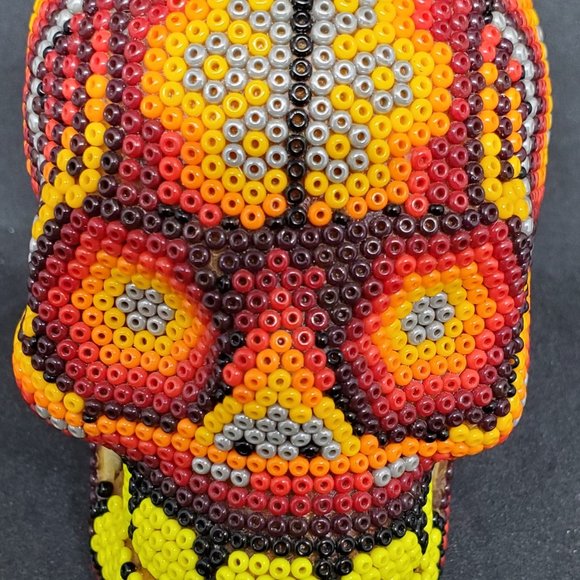 Huichol Beaded Skull on carved fish bone. ~ Handcrafted by Huichol artist - Picture 7 of 9